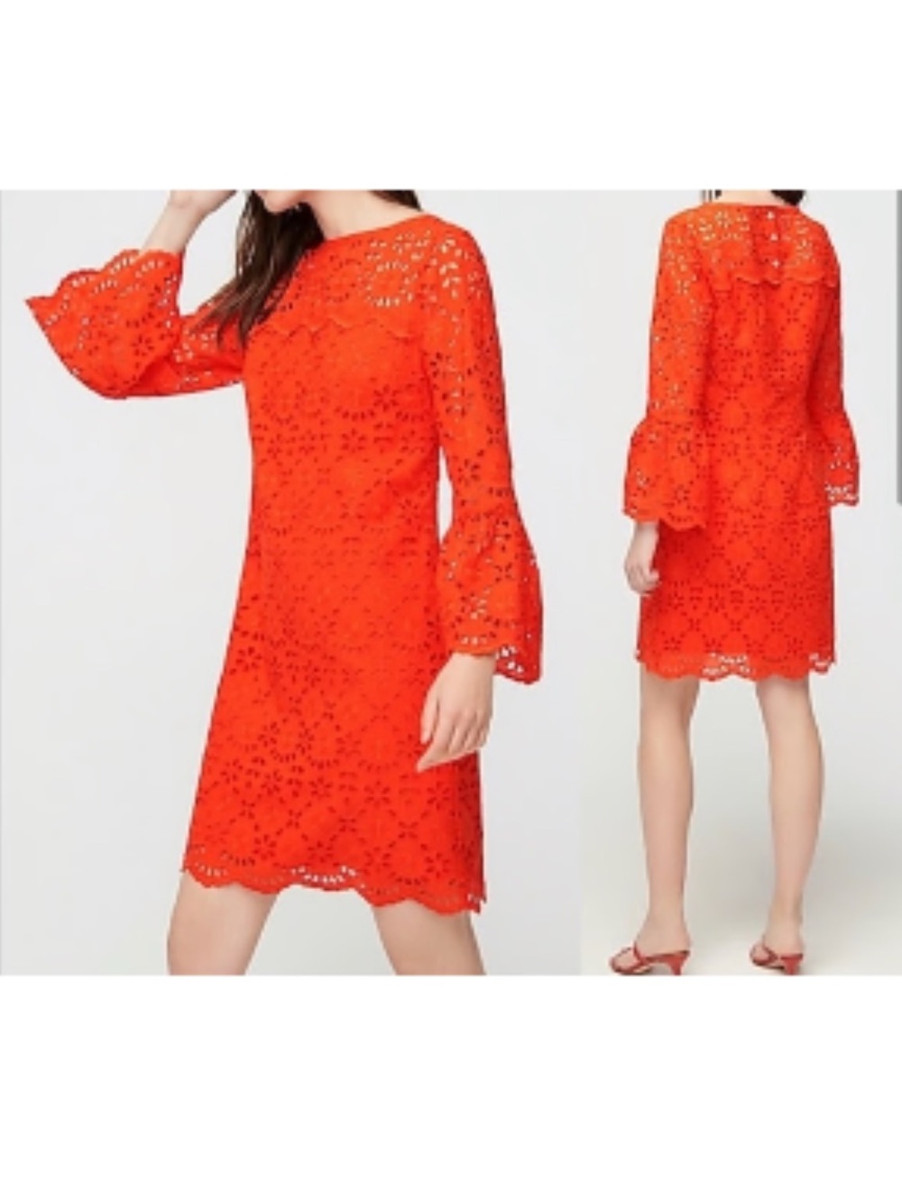 NWT J. Crew Red Orange Eyelet Lace Bell-Sleeve Mini Dress Formal Wedding Guest